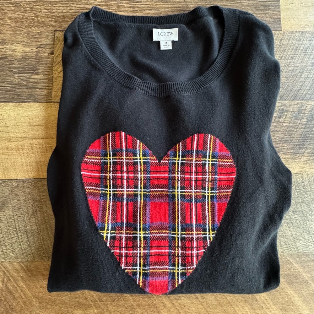 J.Crew Black & Red Plaid Heart Knit Sweater
